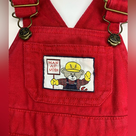 Vintage 1990s Toddler Overalls 12 Months Red Shortalls Construction Theme Cotton - Picture 4 of 10